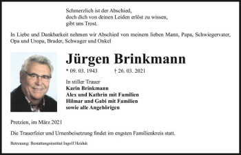 Traueranzeige von Jürgen Brinkmann  von Magdeburger Volksstimme