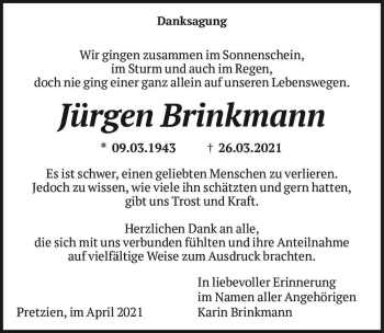 Traueranzeige von Jürgen Brinkmann  von Magdeburger Volksstimme