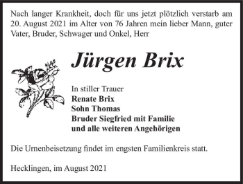 Traueranzeige von Jürgen Brix  von Magdeburger Volksstimme