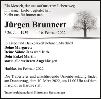 Traueranzeige von Jürgen Brunnert  von Magdeburger Volksstimme