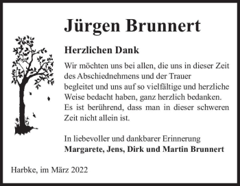 Traueranzeige von Jürgen Brunnert  von Magdeburger Volksstimme