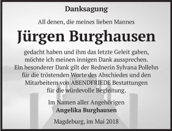 Traueranzeige von Jürgen Burghausen  von Magdeburger Volksstimme
