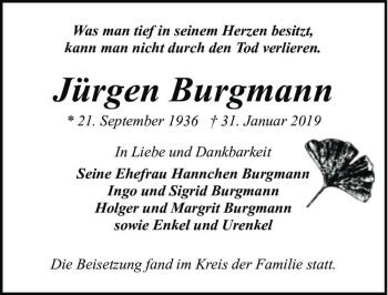 Traueranzeige von Jürgen Burgmann  von Magdeburger Volksstimme