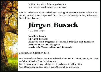 Traueranzeige von Jürgen Busack  von Magdeburger Volksstimme