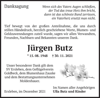 Traueranzeige von Jürgen Butz  von Magdeburger Volksstimme