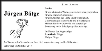 Traueranzeige von Jürgen Bätge  von Magdeburger Volksstimme