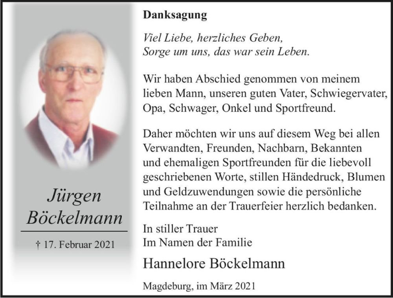  Traueranzeige für Jürgen Böckelmann  vom 13.03.2021 aus Magdeburger Volksstimme