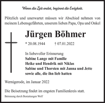 Traueranzeige von Jürgen Böhmer  von Magdeburger Volksstimme