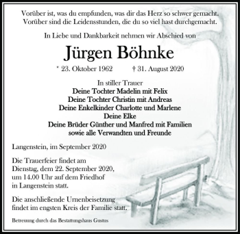Traueranzeige von Jürgen Böhnke  von Magdeburger Volksstimme
