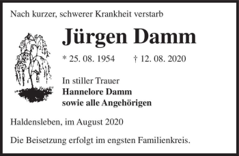 Traueranzeige von Jürgen Damm  von Magdeburger Volksstimme