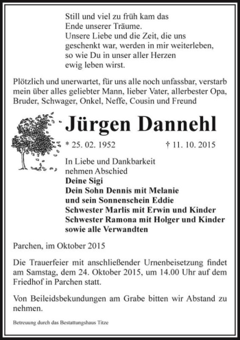 Traueranzeige von Jürgen Dannehl  von Magdeburger Volksstimme