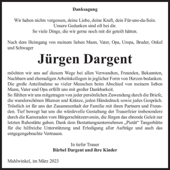 Traueranzeige von Jürgen Dargent  von Magdeburger Volksstimme