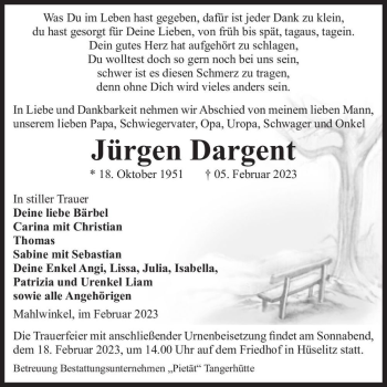 Traueranzeige von Jürgen Dargent  von Magdeburger Volksstimme