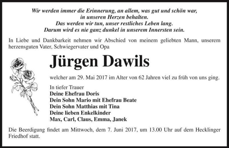  Traueranzeige für Jürgen Dawils  vom 03.06.2017 aus Magdeburger Volksstimme
