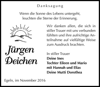 Traueranzeige von Jürgen Deichen  von Magdeburger Volksstimme