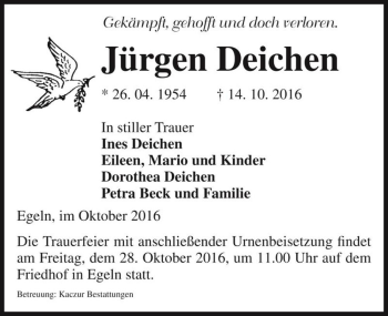 Traueranzeige von Jürgen Deichen  von Magdeburger Volksstimme
