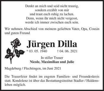Traueranzeige von Jürgen Dilla  von Magdeburger Volksstimme