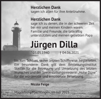 Traueranzeige von Jürgen Dilla  von Magdeburger Volksstimme
