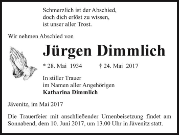 Traueranzeige von Jürgen Dimmlich  von Magdeburger Volksstimme