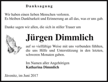 Traueranzeige von Jürgen Dimmlich  von Magdeburger Volksstimme