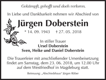 Traueranzeige von Jürgen Doberstein  von Magdeburger Volksstimme