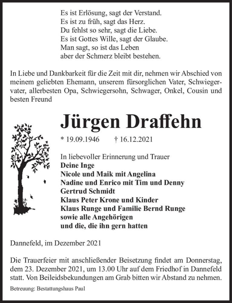  Traueranzeige für Jürgen Draffehn  vom 21.12.2021 aus Magdeburger Volksstimme