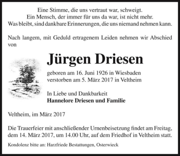 Traueranzeige von Jürgen Driesen  von Magdeburger Volksstimme