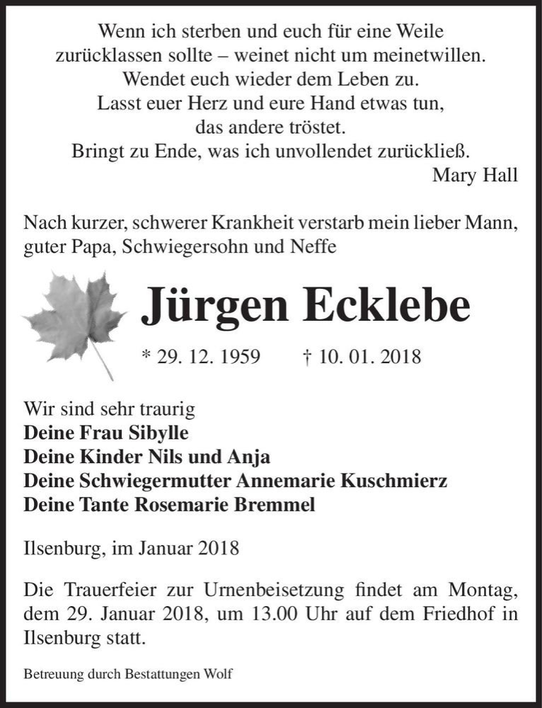  Traueranzeige für Jürgen Ecklebe  vom 20.01.2018 aus Magdeburger Volksstimme
