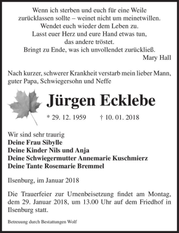 Traueranzeige von Jürgen Ecklebe  von Magdeburger Volksstimme