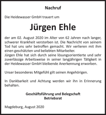 Traueranzeige von Jürgen Ehle  von Magdeburger Volksstimme