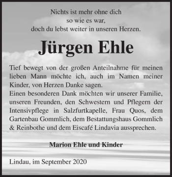 Traueranzeige von Jürgen Ehle  von Magdeburger Volksstimme