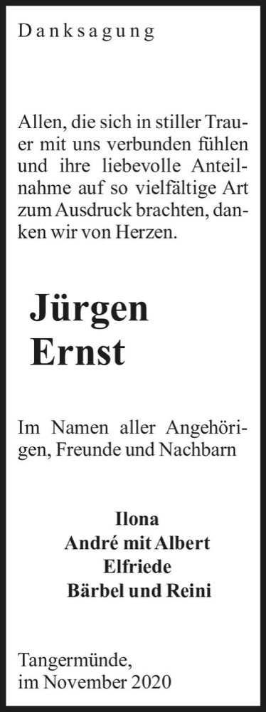  Traueranzeige für Jürgen Ernst  vom 07.11.2020 aus Magdeburger Volksstimme