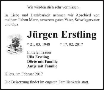 Traueranzeige von Jürgen Erstling  von Magdeburger Volksstimme