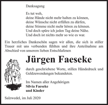 Traueranzeige von Jürgen Faeseke  von Magdeburger Volksstimme