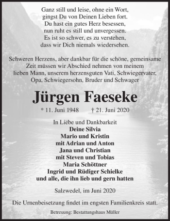 Traueranzeige von Jürgen Faeseke  von Magdeburger Volksstimme