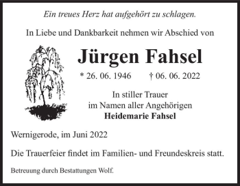 Traueranzeige von Jürgen Fahsel  von Magdeburger Volksstimme