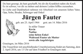 Traueranzeige von Jürgen Fauter  von Magdeburger Volksstimme
