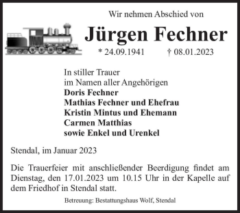 Traueranzeige von Jürgen Fechner  von Magdeburger Volksstimme