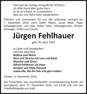 Traueranzeige von Jürgen Fehlhauer  von Magdeburger Volksstimme