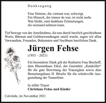 Traueranzeige von Jürgen Fehse  von Magdeburger Volksstimme