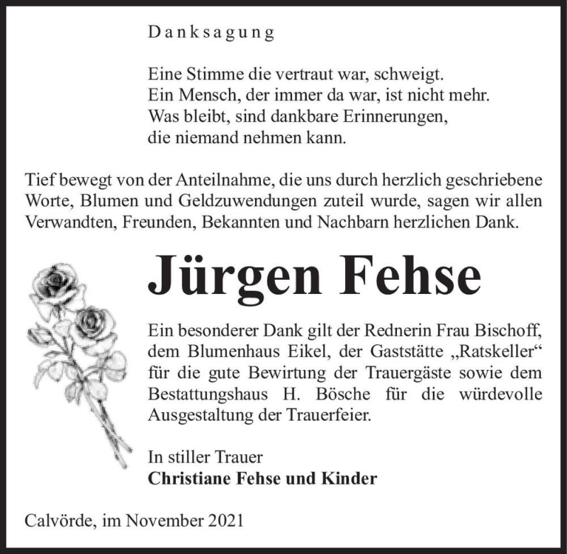  Traueranzeige für Jürgen Fehse  vom 12.11.2021 aus Magdeburger Volksstimme