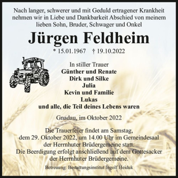 Traueranzeige von Jürgen Feldheim  von Magdeburger Volksstimme