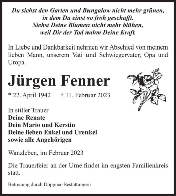 Traueranzeige von Jürgen Fenner  von Magdeburger Volksstimme