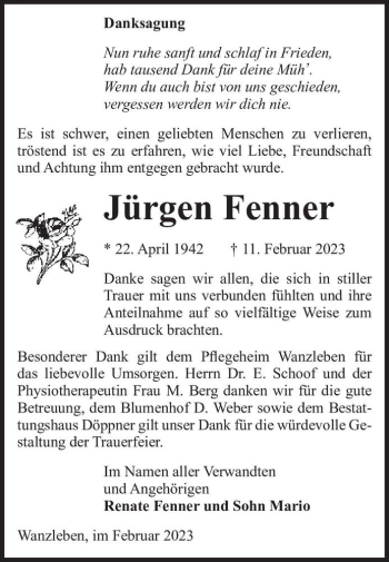 Traueranzeige von Jürgen Fenner  von Magdeburger Volksstimme