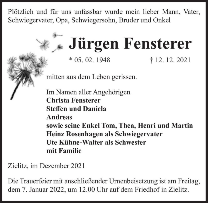  Traueranzeige für Jürgen Fensterer  vom 18.12.2021 aus Magdeburger Volksstimme