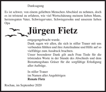 Traueranzeige von Jürgen Fietz  von Magdeburger Volksstimme