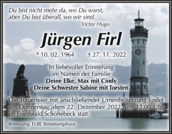 Traueranzeige von Jürgen Firl  von Magdeburger Volksstimme