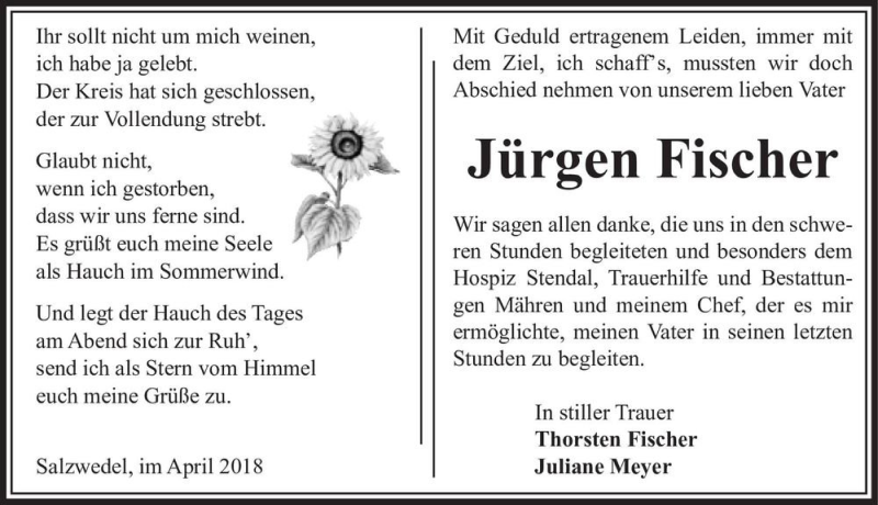  Traueranzeige für Jürgen Fischer  vom 21.04.2018 aus Magdeburger Volksstimme