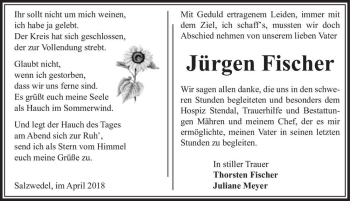 Traueranzeige von Jürgen Fischer  von Magdeburger Volksstimme