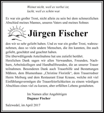 Traueranzeige von Jürgen Fischer  von Magdeburger Volksstimme